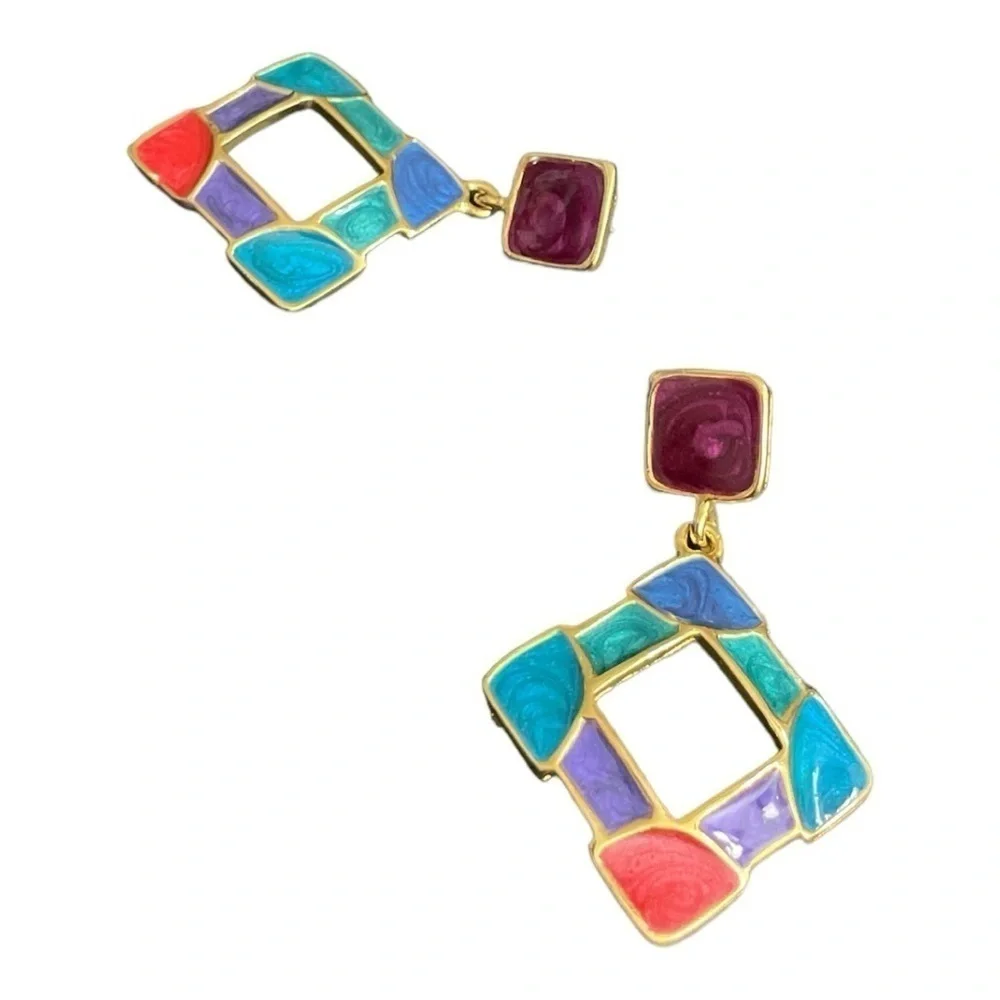 Vibrant Multi Color Resin Gripoix Cabochon Gold Plated Pierced Earrings.